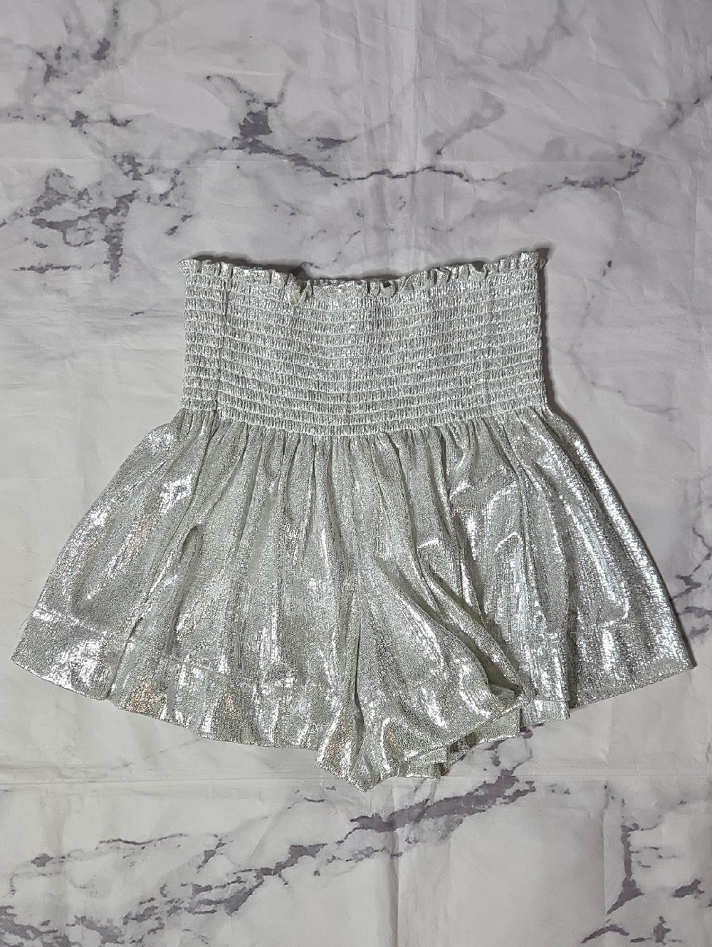 QUEEN OF SPARKLES Silver Metallic Smocked Waist Shorts
